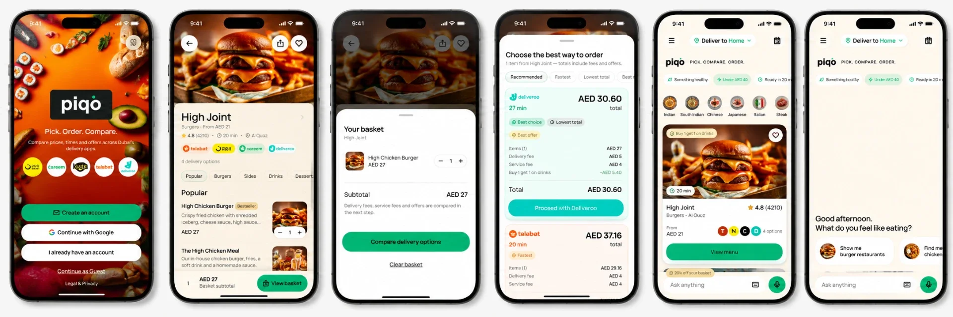 Piqo app screens showing sign-in, a restaurant page, the basket, a delivery-price comparison, food discovery and an ask-anything search
