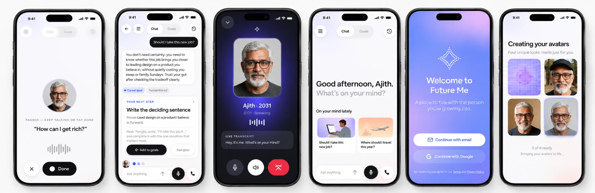Future Me app screens: a voice conversation with your future self, chat and goals, a live avatar call, the home screen, sign-in and avatar creation