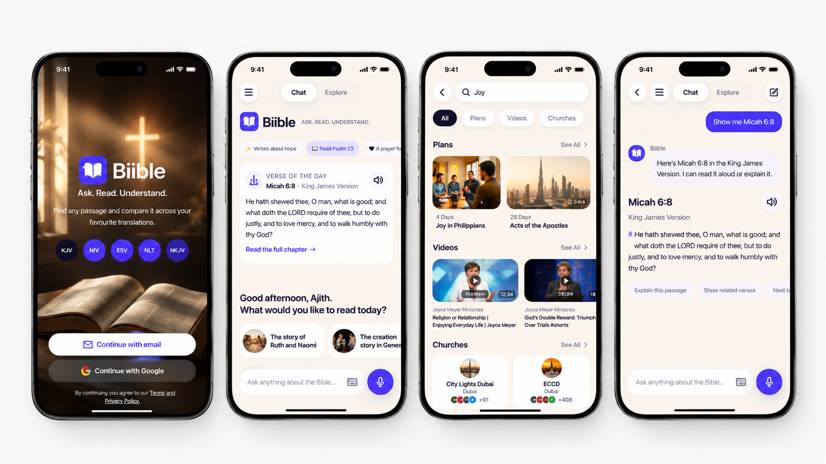 Biible app screens showing passage search, reading plans, videos and an AI chat that returns verses
