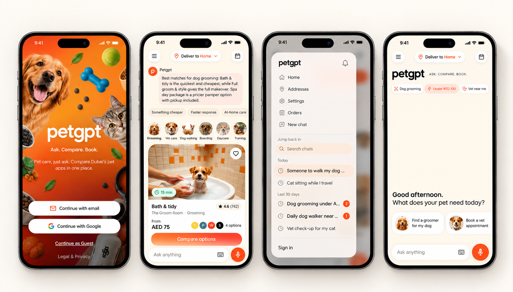 PetGPT app screens showing service comparison, booking and chat